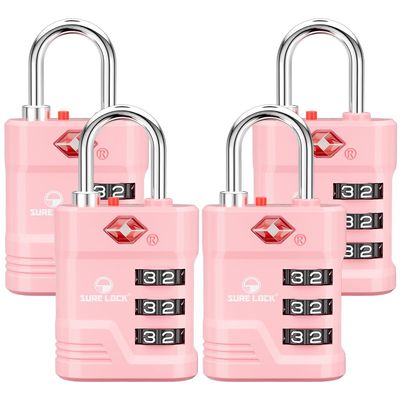 SURE LOCK TSA Approved Luggage Lock 3-Digit Resettable Combination Padlock with Open Alert Red Dot, Large Easy-Read Dials for Suitcases, Backpacks, Gym & School Lockers(Pink 4 pk)