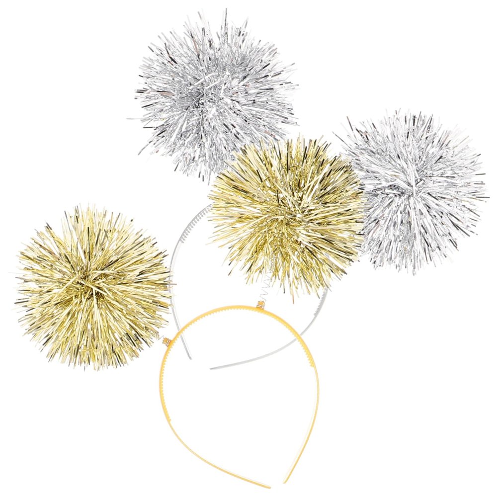 balacoo 2pcs Glitter Tinsel Headbands for Women Dazzling Valentine Day Accessories Hair Hoops with Pom Poms Sparkling Party Headbands Silver Gold