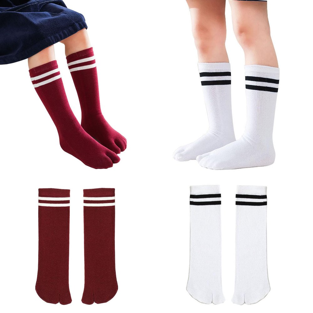 Pursuestar 2 Pairs Two Toe Tabi Split V Socks Athletic Long Calf High Striped Dress Socks for Kids Boys Girls 2-12 Years