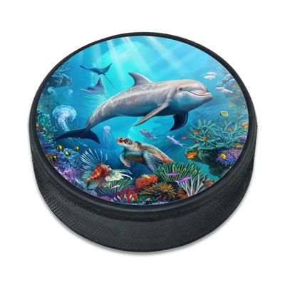 Coral Reef Dolphin and Sea Turtle Ice Hockey Puck