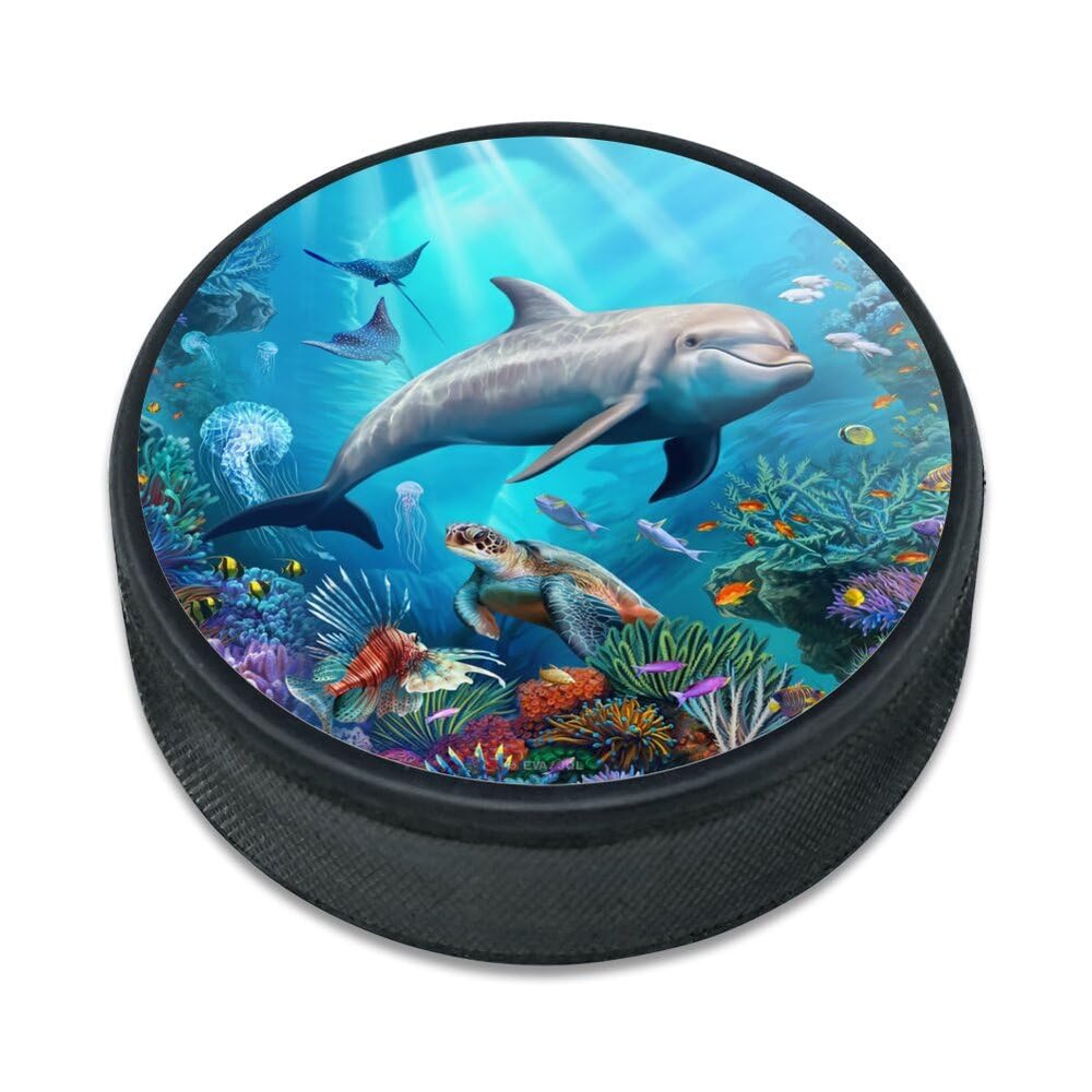 Coral Reef Dolphin and Sea Turtle Ice Hockey Puck
