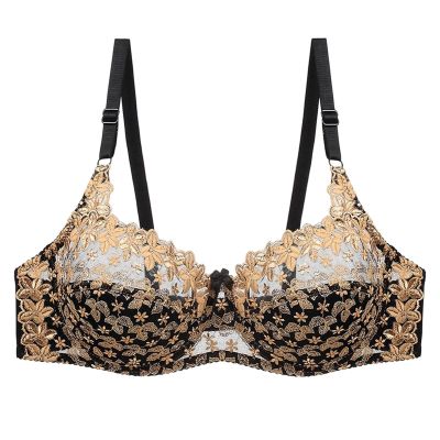 Womens Sexy Lace Ultra-Thin Bra Floral Embroidery Plus Size Bralette Push Up Anti-Sagging Daily Brasieres C D Cup (Color : Gold, Size : D_34/75)