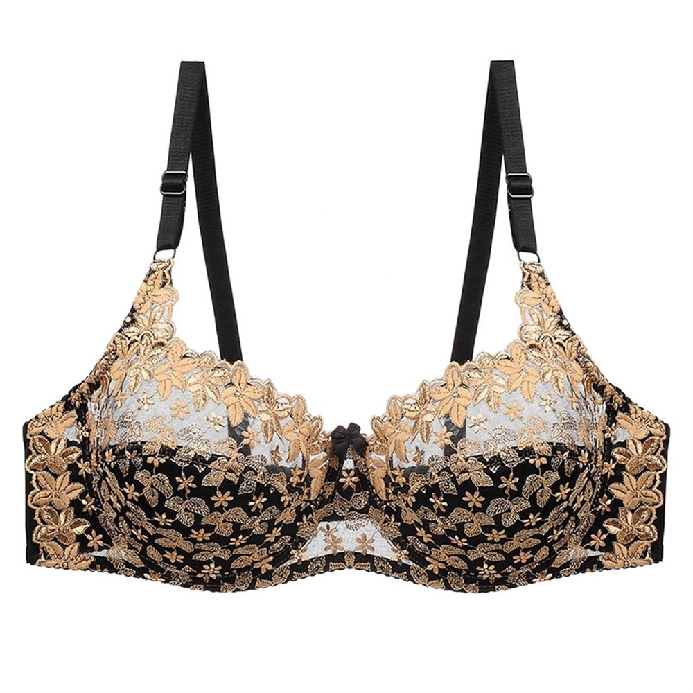 Womens Sexy Lace Ultra-Thin Bra Floral Embroidery Plus Size Bralette Push Up Anti-Sagging Daily Brasieres C D Cup (Color : Gold, Size : D_34/75)