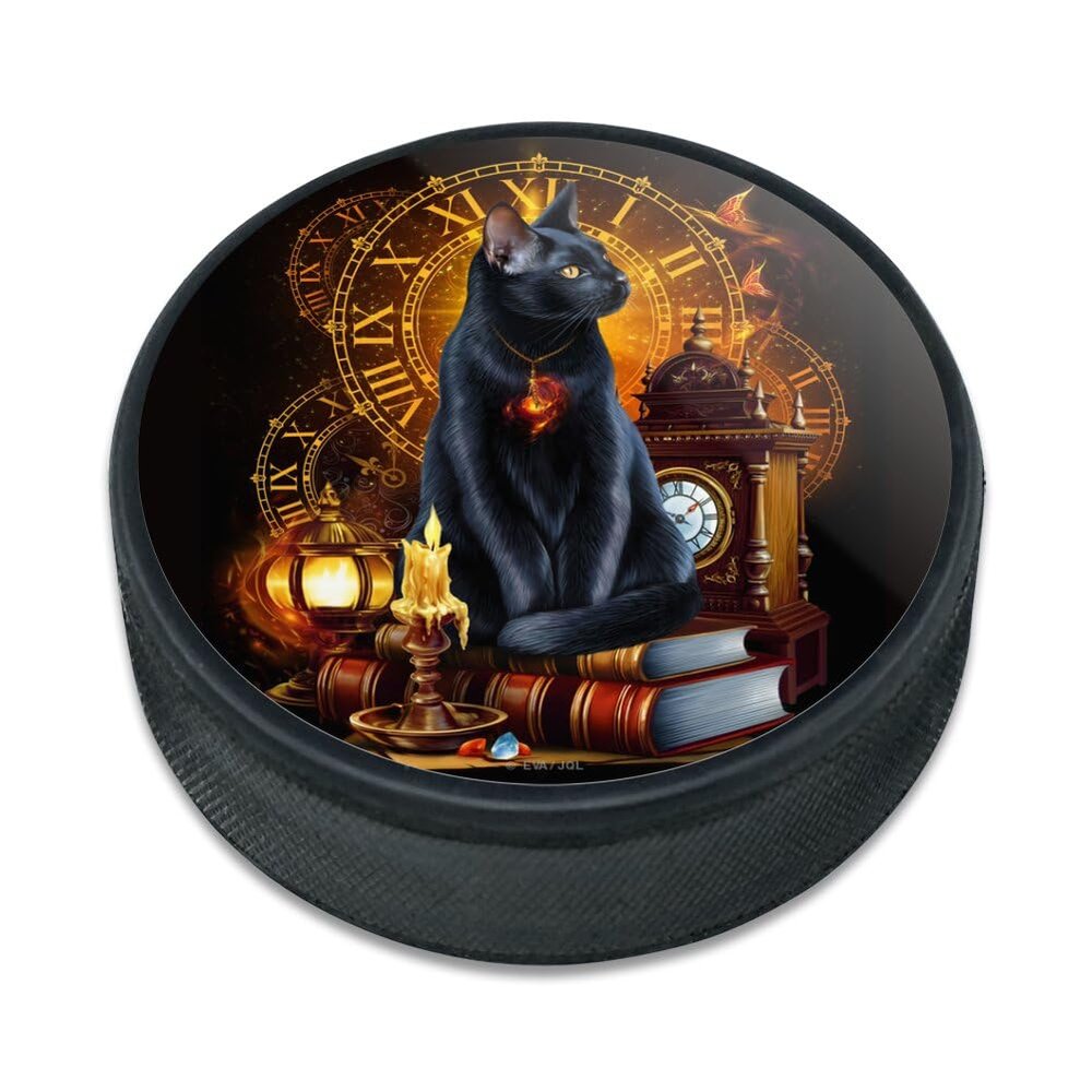 Black Cat Time Clock Ice Hockey Puck