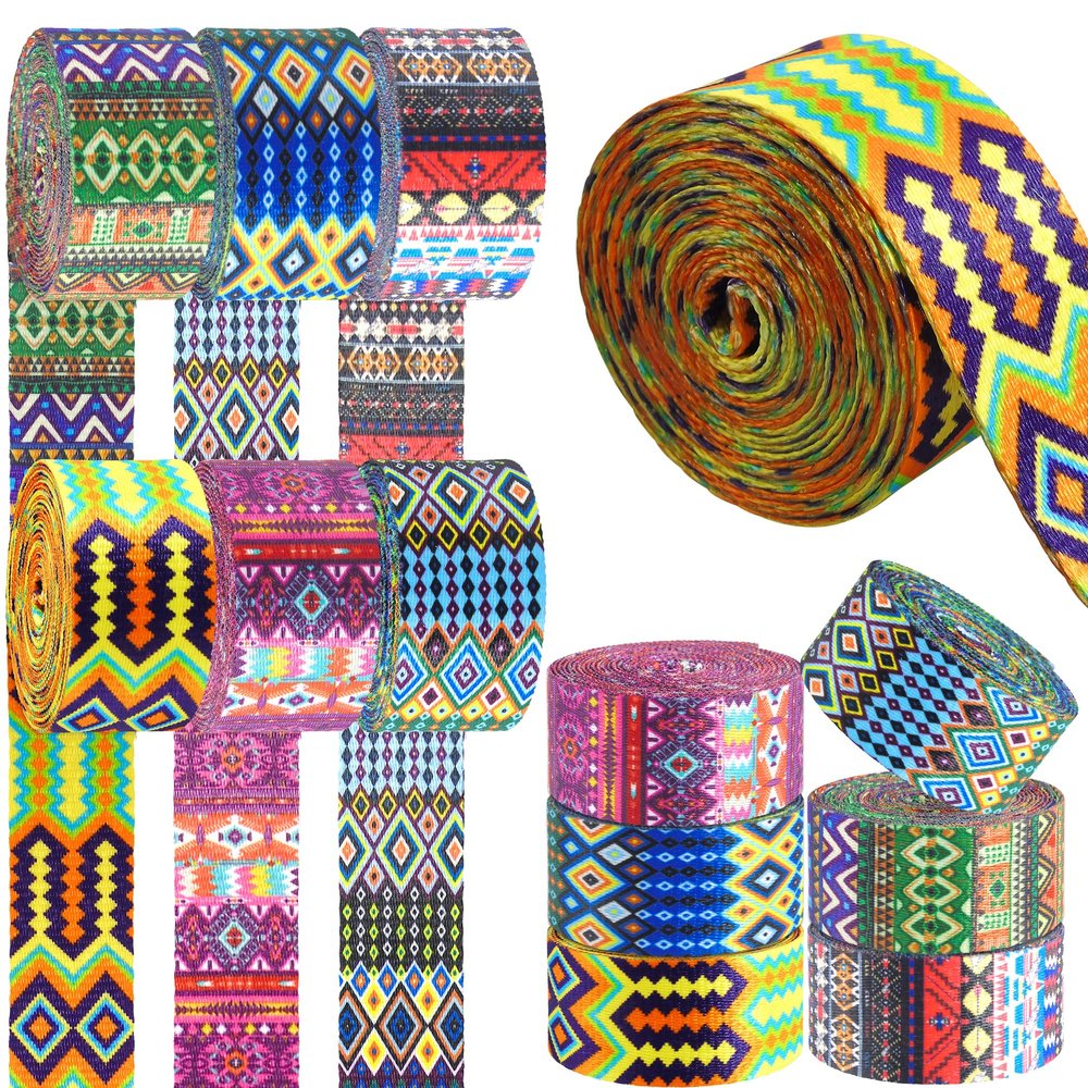 Grosun 6 Rolls 1.5 inch Folk Nylon Webbing Belt Webbing Straps Purse Straps Backpack Straps Nylon Belt in Thermal Transfer Patterns for Seatbelt, Bags, Backpacks, Handles, Luggage, Slings