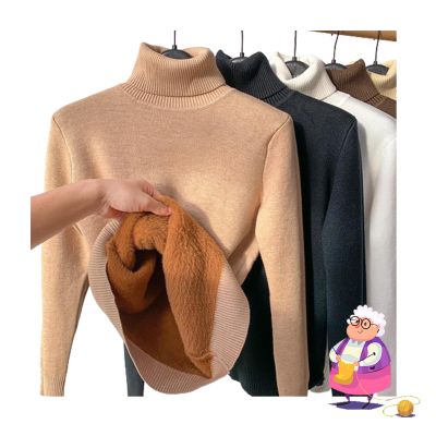 BEABAG 2024 New Winter Fleece Thick Knitted Bottoming Shirt, Sweater Soft Thermal Fleece Turtleneck Womens (Light Khaki,M)