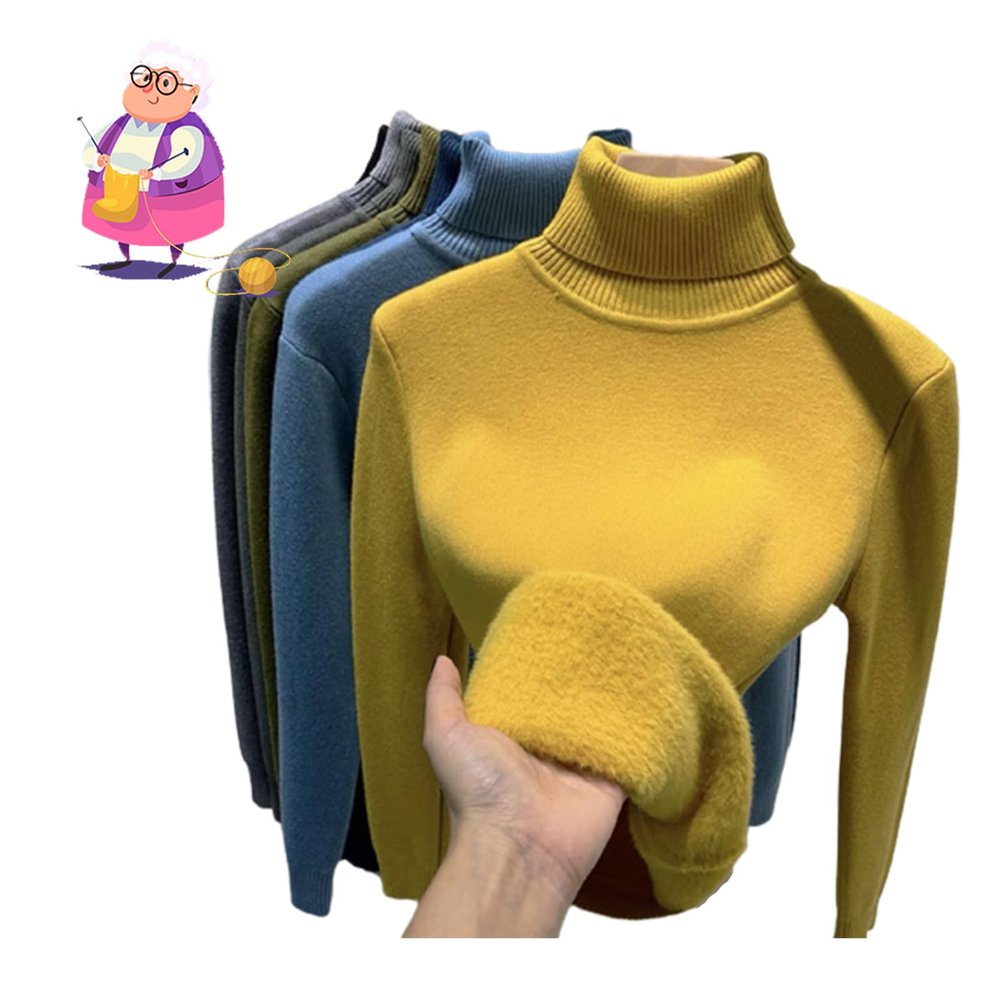 BEABAG 2024 New Winter Fleece Thick Knitted Bottoming Shirt, Sweater Soft Thermal Fleece Turtleneck Womens (Yellow,S)