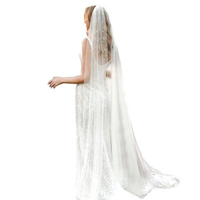 chrumeshi Long Wedding Bride Veil Pearl Cathedral Length Veils For Women With Comb (118inch, white)