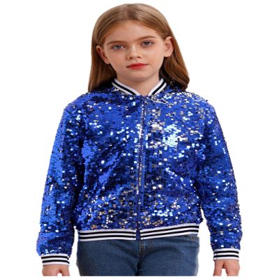 JEYPINMI Kids Girls Sparkly Sequin Baseball Jacket Long Sleeve Zip Up Bomber Jacket Hip Hop Dancing Party Tops Royal Blue 6 Years