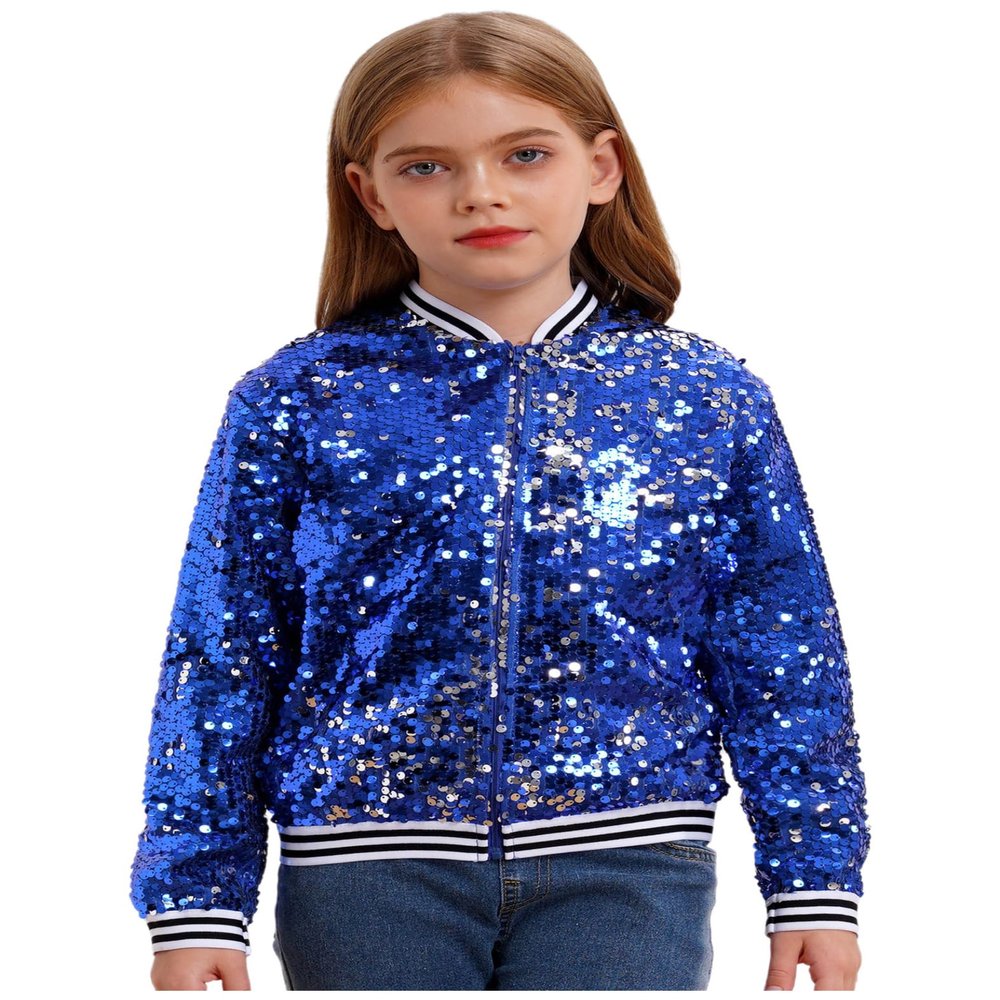 JEYPINMI Kids Girls Sparkly Sequin Baseball Jacket Long Sleeve Zip Up Bomber Jacket Hip Hop Dancing Party Tops Royal Blue 6 Years