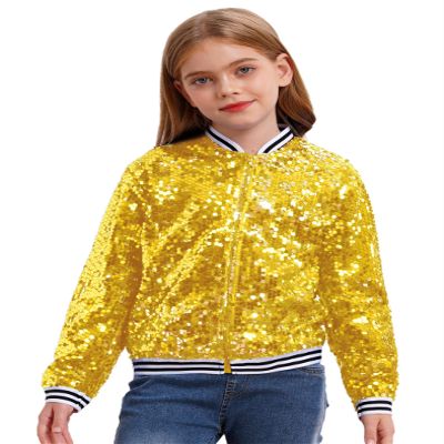 JEYPINMI Kids Girls Sparkly Sequin Baseball Jacket Long Sleeve Zip Up Bomber Jacket Hip Hop Dancing Party Tops Gold 14 Years
