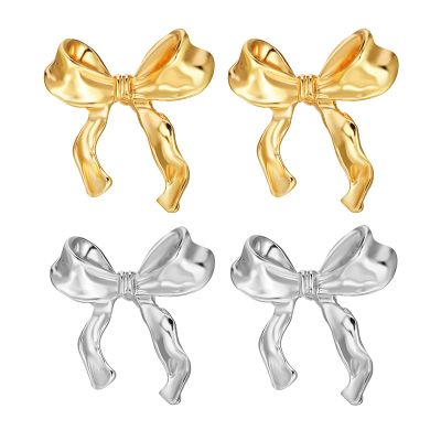 Golden Silvery Bow Earrings for Women Ribbon Bow Stud Earrings Cute Bowknot Earrings Christmas Birthday Jewelry Gift