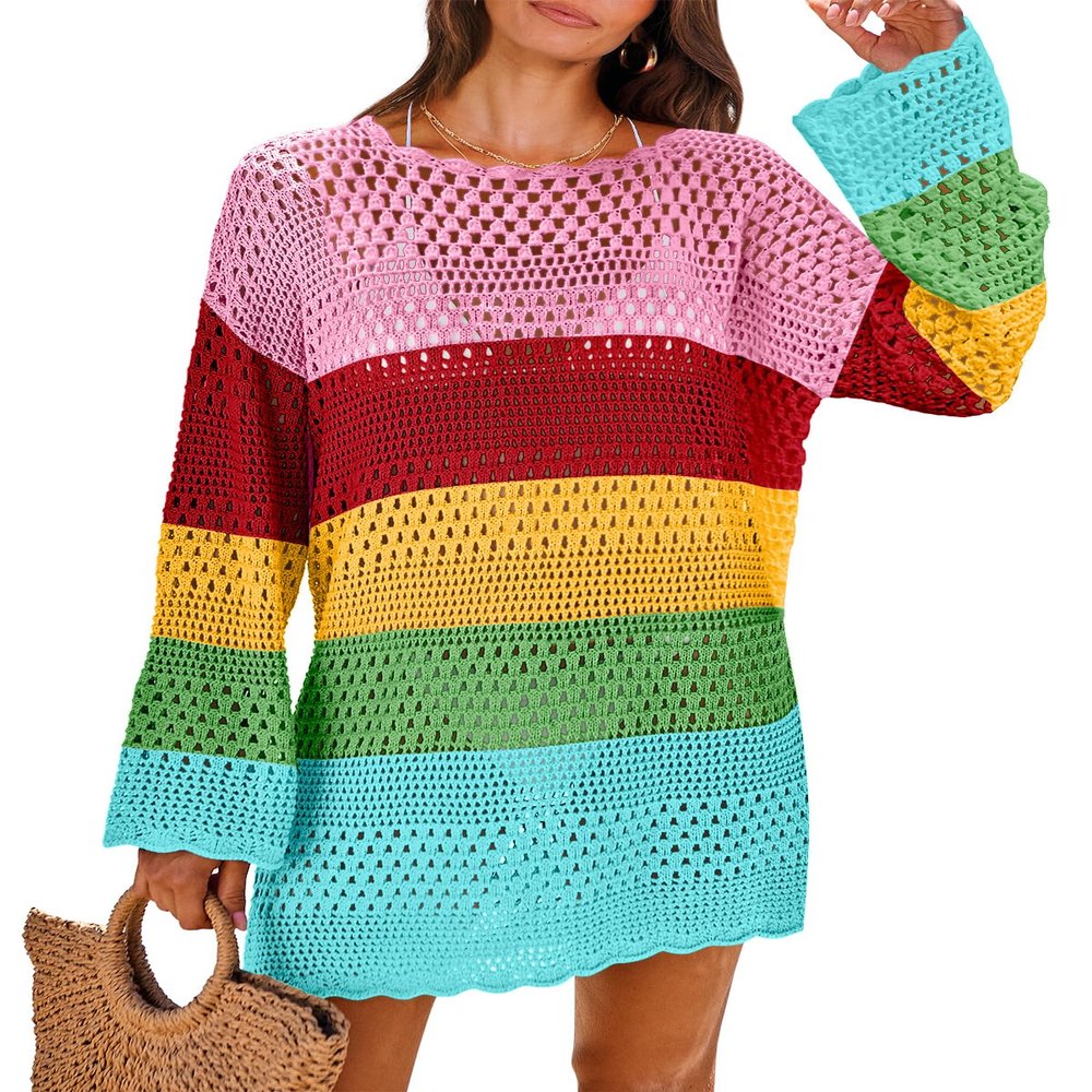 ANRABESS Women Swimsuit Crochet Swim Cover Up 2026 Summer Bathing Suit Swimwear Mesh Knit Beach Dress Vacation Outfits Rainbow Stripe X-Large