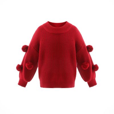 Yeahdor Little Kids Girls Knitted Pullover Sweater Fuzzy Pom Pom Knitwear Lantern Sleeve Jumper Tops Red 3-4 Years
