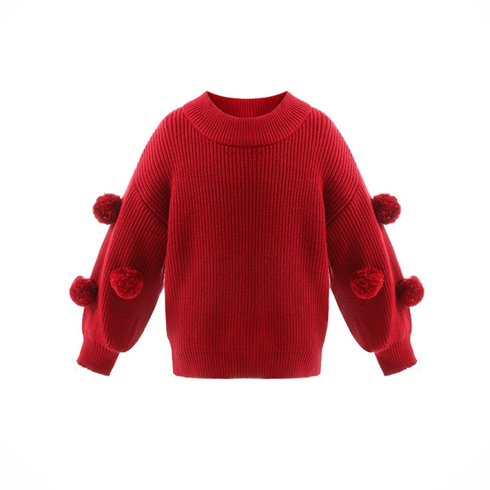 Yeahdor Little Kids Girls Knitted Pullover Sweater Fuzzy Pom Pom Knitwear Lantern Sleeve Jumper Tops Red 3-4 Years