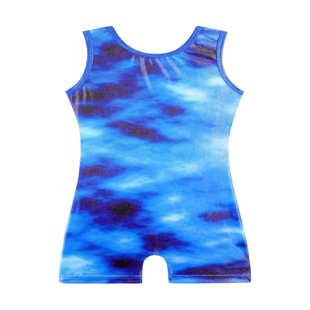 HOZIY tumbling outfits for girls leotards with shorts kids biketard dance clothes blue tie dye sea ocean size 7-8 years old sparkle