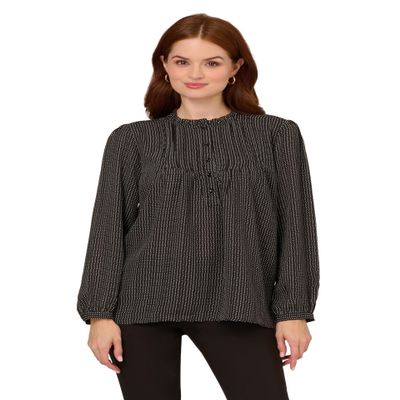 Adrianna Papell Diffusion Women's Pintuck Button Down Blouse, Black Seed Dot, L