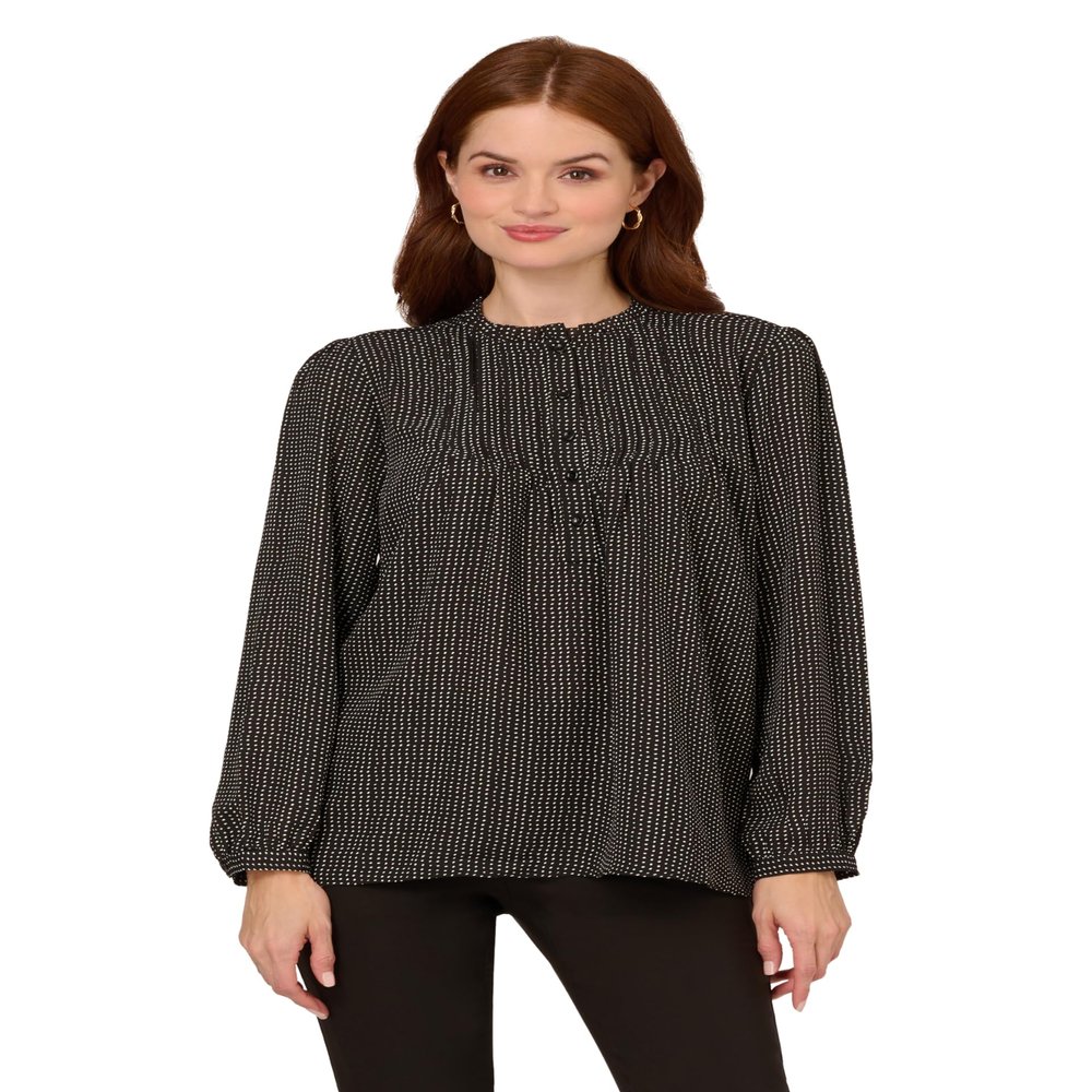 Adrianna Papell Diffusion Women's Pintuck Button Down Blouse, Black Seed Dot, L