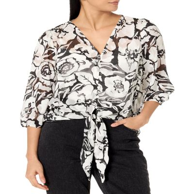 Adrianna Papell Diffusion Women's Printed V-Neck Long Sleeve Top W/Tie Front, Black Imprint Floral, S