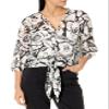 Adrianna Papell Diffusion Women's Printed V-Neck Long Sleeve Top W/Tie Front, Black Imprint Floral, S view 1