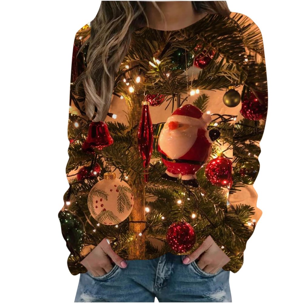2024 Womens Ugly Christmas Sweaters Funny Cute Xmas Tree Reindeer Snowman Tops Long Sleeve Crewneck Sweatshirts