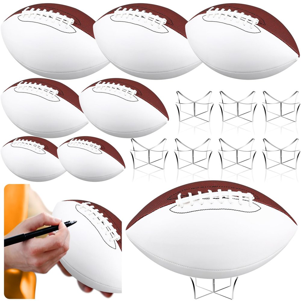 Hiboom Autograph Football with Acrylic Display Stand Air Pump Blank Gold Football for Trophy Anniversary High School College Coaching Gift Award Championship Party(8 Pcs,White, Brown,Size 9 3 1)