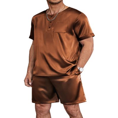 Ekouaer Men Silk Pajamas Set 2 Piece Pjs Soft Satin Sleepwear Shorts Button Down Tops Loungewear with Pockets Brown