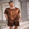 Ekouaer Men Silk Pajamas Set 2 Piece Pjs Soft Satin Sleepwear Shorts Button Down Tops Loungewear with Pockets Brown view 2