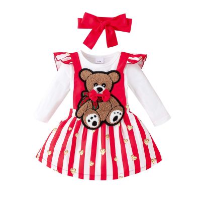 Baby Girl Valentines Day Outfit Bear Heart Overall Skirt Long Sleeve Romper Headband 3Pcs Newborn Dress Girl Gifts (Striped Pink, 0-3 Months)