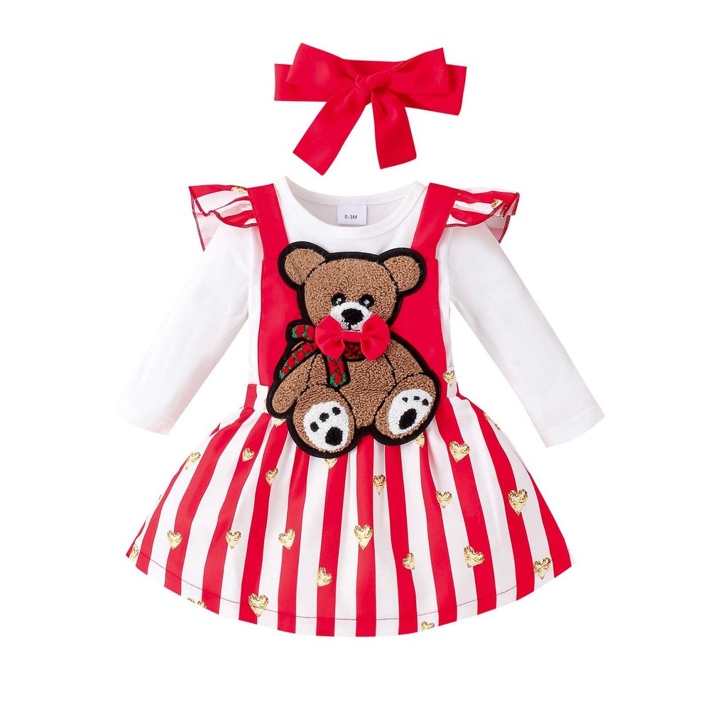 Baby Girl Valentines Day Outfit Bear Heart Overall Skirt Long Sleeve Romper Headband 3Pcs Newborn Dress Girl Gifts (Striped Pink, 0-3 Months)