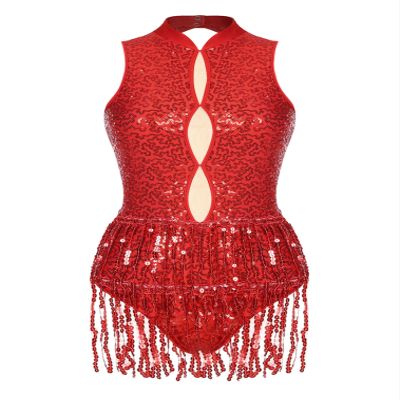 easyforever Women's Glitter Sequins Latin Dance Leotard Dancewear Fringe Jazz Ballroom Samba Dance Dress Red-F X-Large