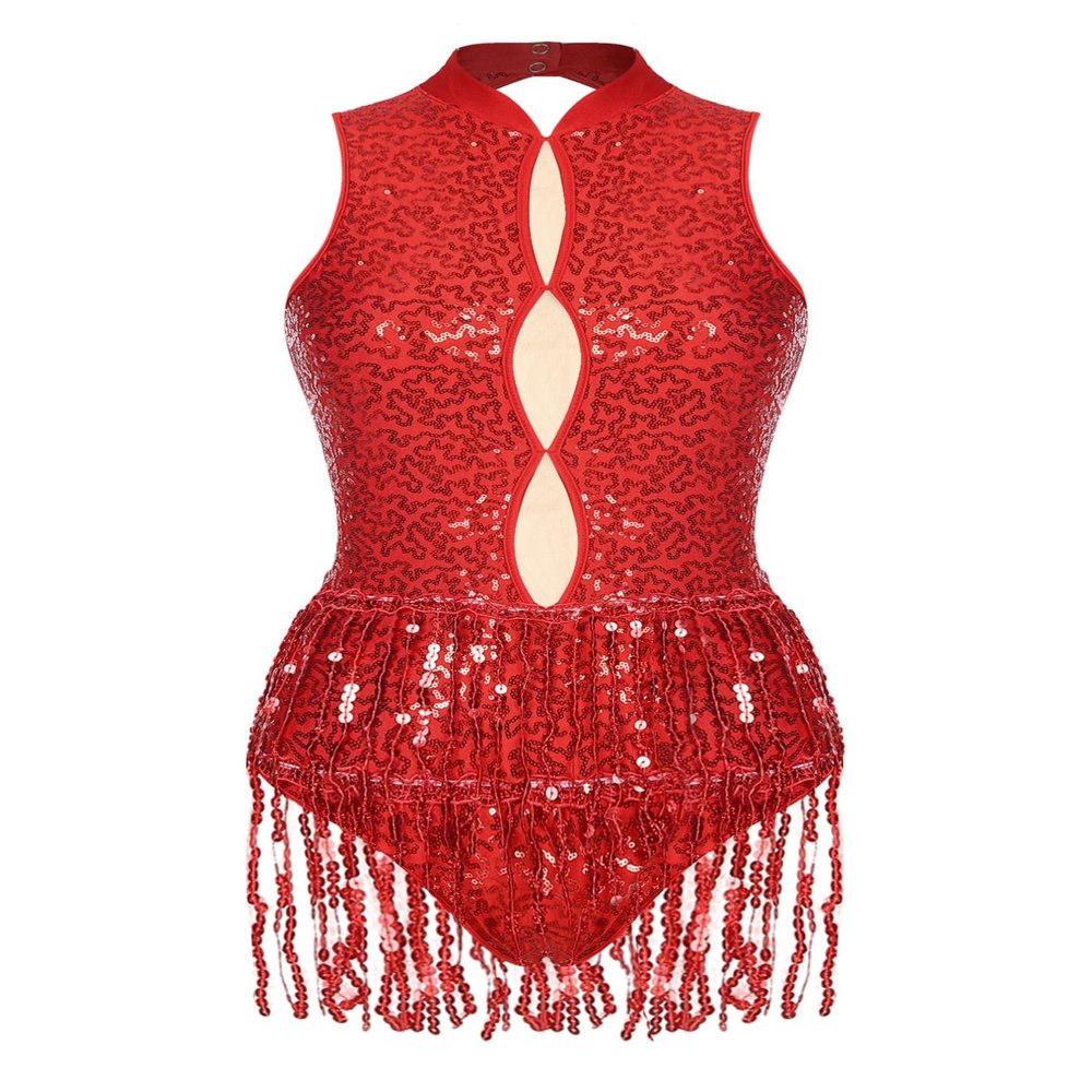easyforever Women's Glitter Sequins Latin Dance Leotard Dancewear Fringe Jazz Ballroom Samba Dance Dress Red-F X-Large
