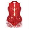 easyforever Women's Glitter Sequins Latin Dance Leotard Dancewear Fringe Jazz Ballroom Samba Dance Dress Red-F X-Large view 1