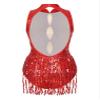 easyforever Women's Glitter Sequins Latin Dance Leotard Dancewear Fringe Jazz Ballroom Samba Dance Dress Red-F X-Large view 2