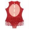 easyforever Women's Glitter Sequins Latin Dance Leotard Dancewear Fringe Jazz Ballroom Samba Dance Dress Red-F X-Large view 4