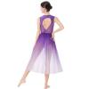 ODASDO Lyrical Dance Costumes for Women Modern Contemporary Dancewear V-Neck Mesh Tulle Flowy Leotard Dress One-Piece Bodysuit Adult Ballet Recital Solo Ice Skating Ballroom Costume Gradient Purple L view 2