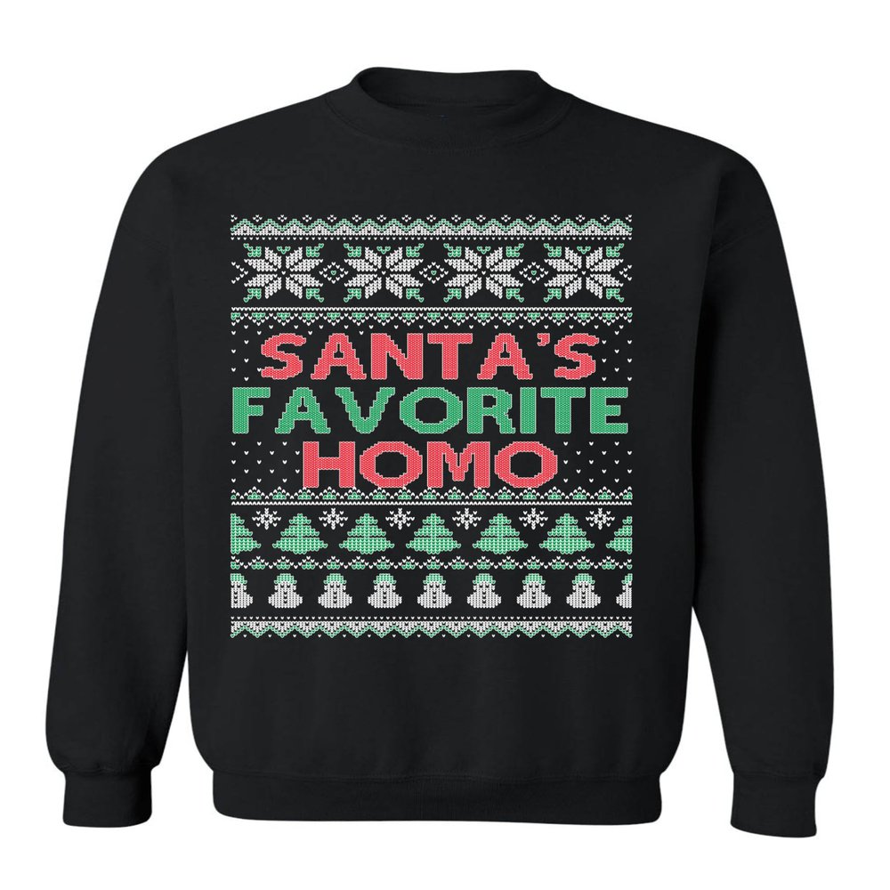ALLNTRENDS Santa s Favorite Gay Ugly Christmas Sweater LGBTQ Xmas Crewneck Sweatshirt (2XL, Black)