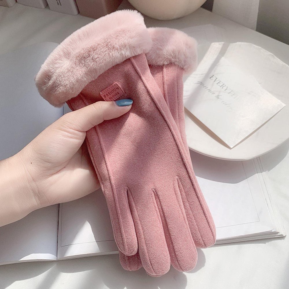 muhm Warm Gloves for Women's Winter Velvet Thickened Suede Autumn and Winter Cold Touch Screen Cycling and Skiing Gloves Terry Gloves - Pink