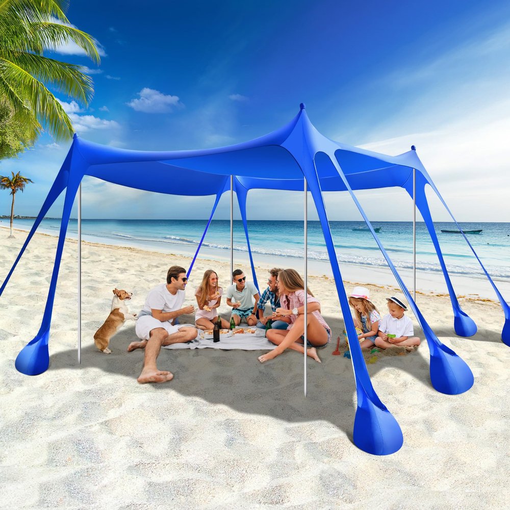 Rhino Valley Beach Tent, 10 x 10 FT Beach Shade UPF50+ Protection, BeachCanopy with 8 Sandbags 4 Stability Poles, Outdoor Beach Tent Sun Shelter Umbrella for Sand, Camping, Fishing Essentials, Indigo