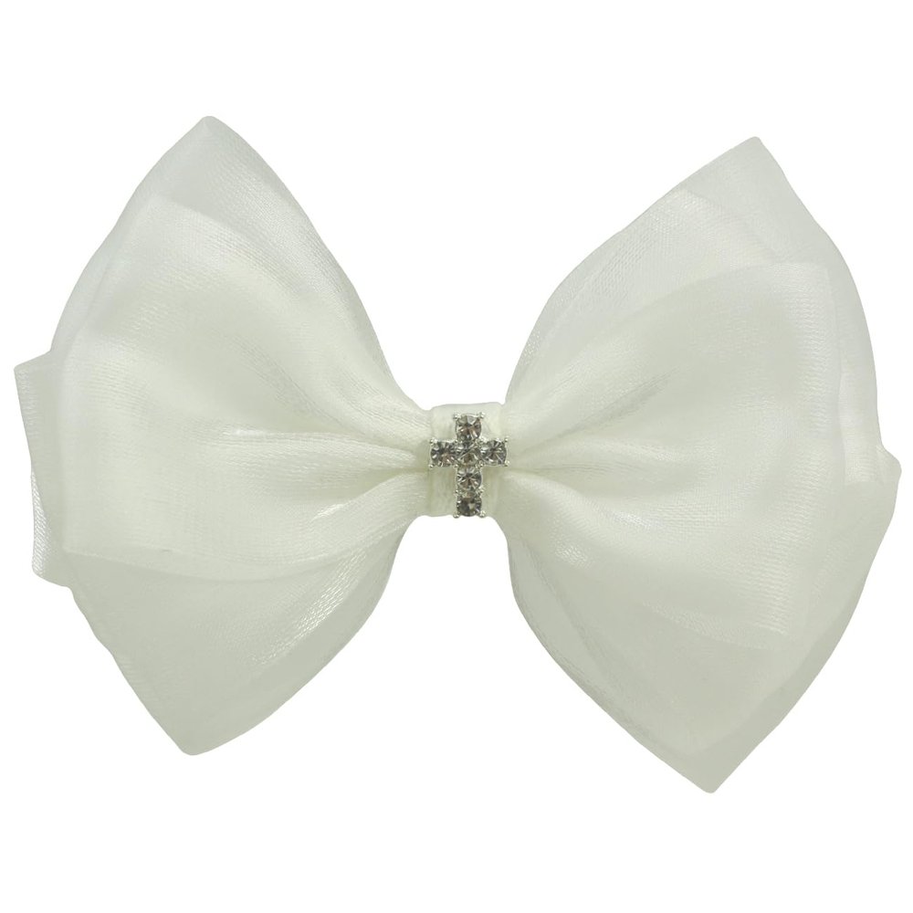 Off White First communion Headpiece For Girls with Cross Christening Baptism Hair Bow Clip -1Pcs