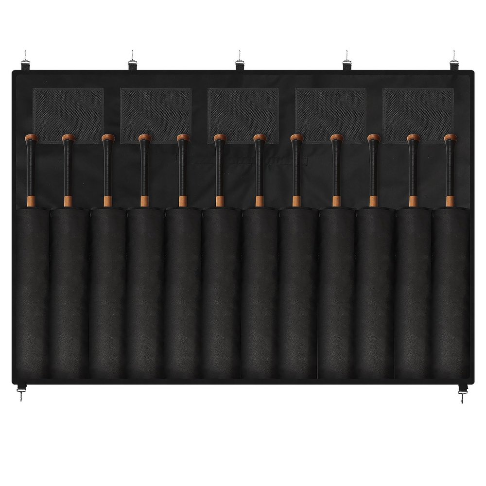Simgoing Hanging Baseball Bat Bag Caddy with Hanging Hooks, Holds up to 12 Bats Nylon Reinforced Baseball Bat Holder Dugout Organizer for Softball Teams, Black