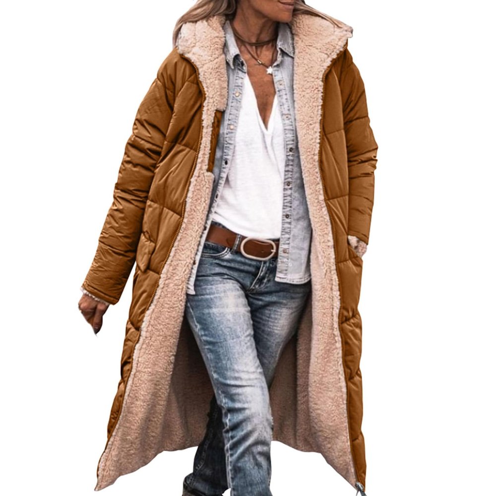 Canbebig Womens Puffer Jackets Sherpa Fleece Lined Jacket Zip Up Long Coat Quilted Puffer Jacket Winter Warm Hooded Coat