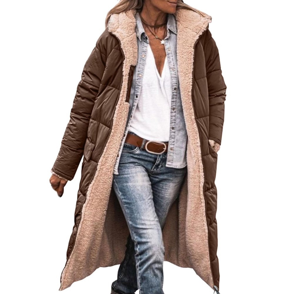 Canbebig Womens Puffer Jackets Sherpa Fleece Lined Jacket Zip Up Long Coat Quilted Puffer Jacket Winter Warm Hooded Coat