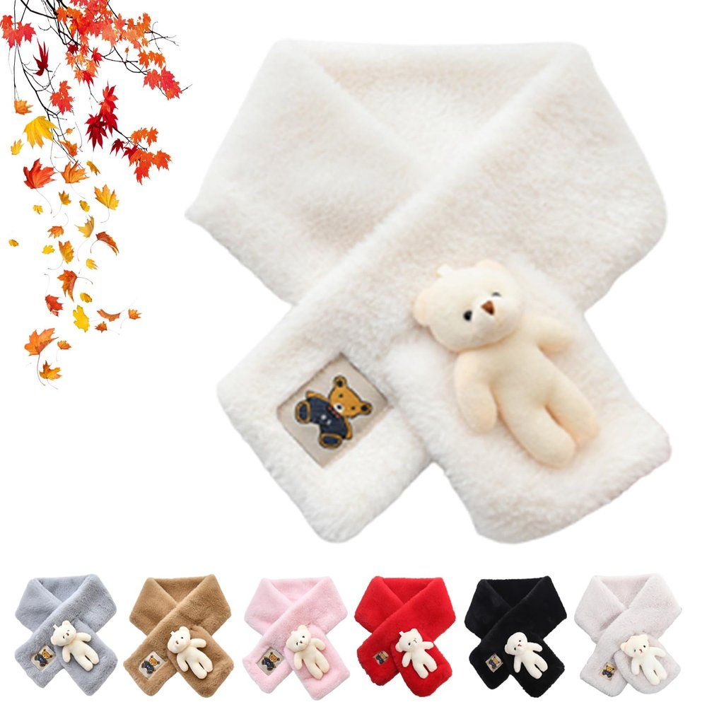 Cute Bear Plush Bib For Adult And Child, Cartoon Bear Scarves Winter Warm Plush Scarf, Parent-Child Plush Scarf (White, Children)