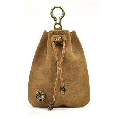 1 Pcs Leather Mini Medieval Pouch Keychain, small leather drawstring pouch bag, Change Holder, Leather Drawstring Pouch for Men & Women (Brown)