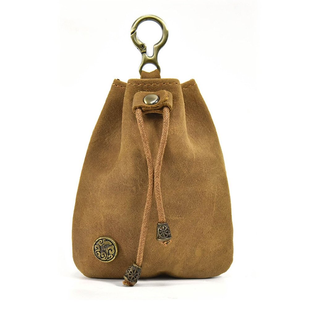 1 Pcs Leather Mini Medieval Pouch Keychain, small leather drawstring pouch bag, Change Holder, Leather Drawstring Pouch for Men & Women (Brown)