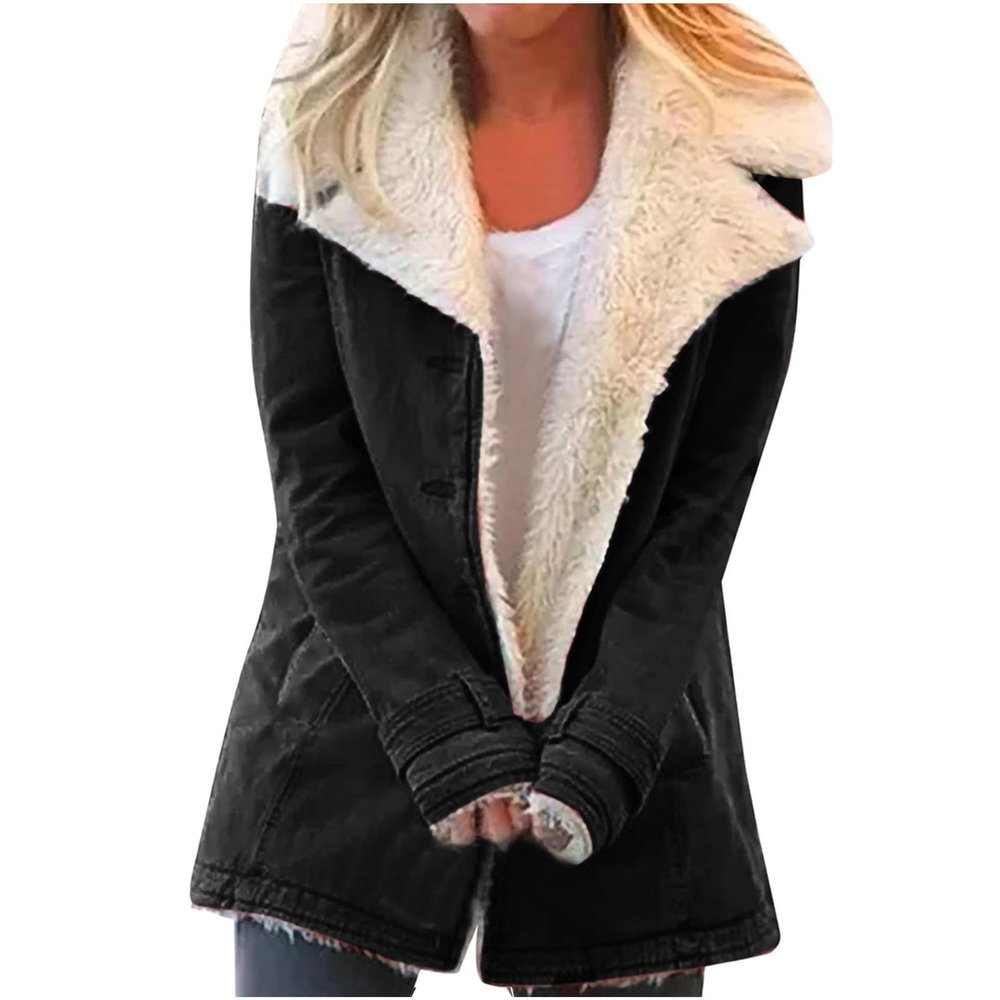 SACFOF Womens Winter Warm Jean Jacket Lapel Stand Collar Fleece Lined Sherpa Denim Coats Thicker Sherpa Outerwear