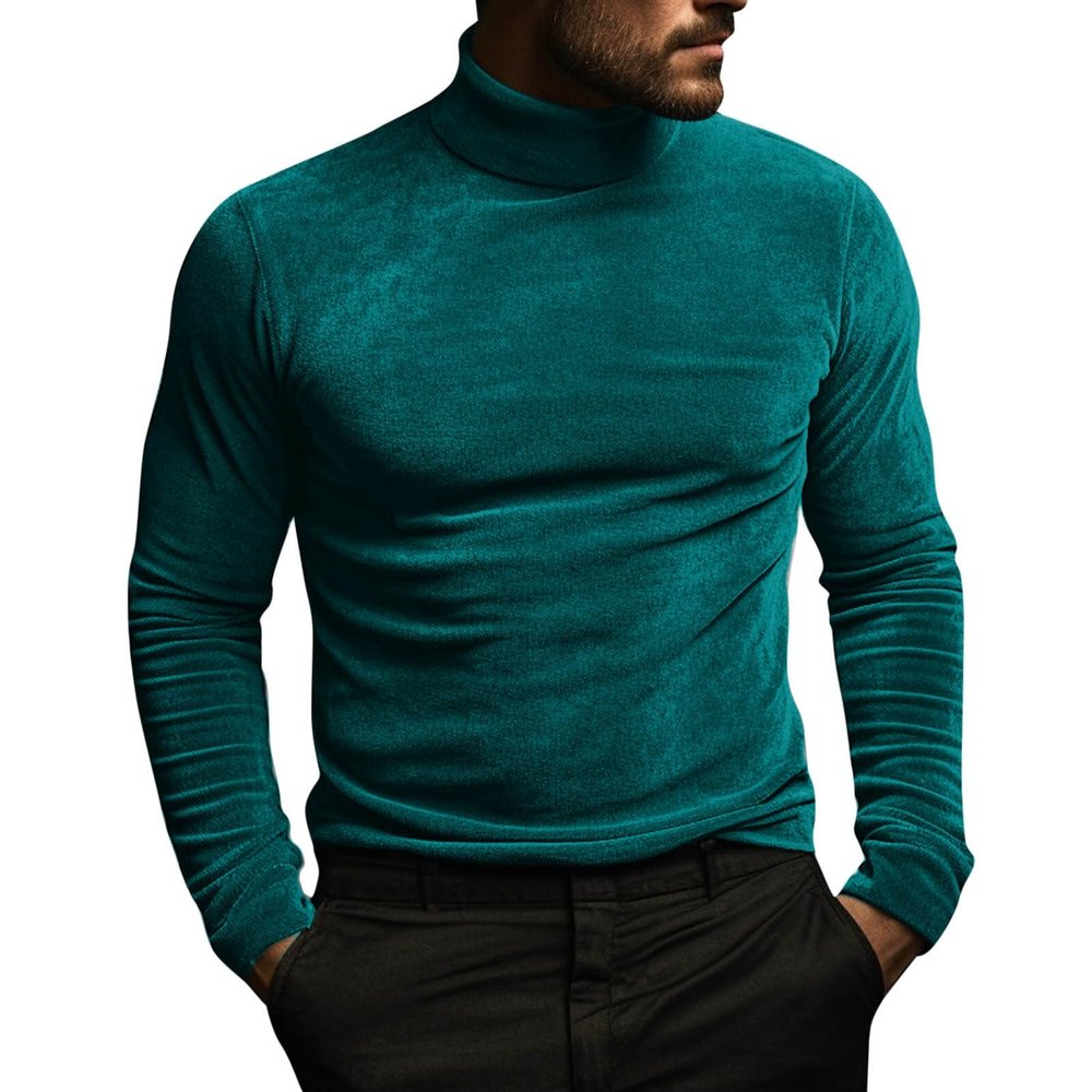 ZYXTIM Mens Velvet Velour Luxury Shirts Long Sleeve Mock Neck Warm Slim Fit Pullover Top Hipster Wedding Dance Party Shirts(Green,X-Large)