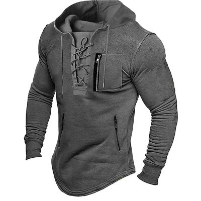 ZYXTIM Men's Lace Up Hooded Sweatshirts Vintage Distressed Military Tactical Shirts Long Sleeve Thermal Casual Sport Shirts(Grey,XX-Large)