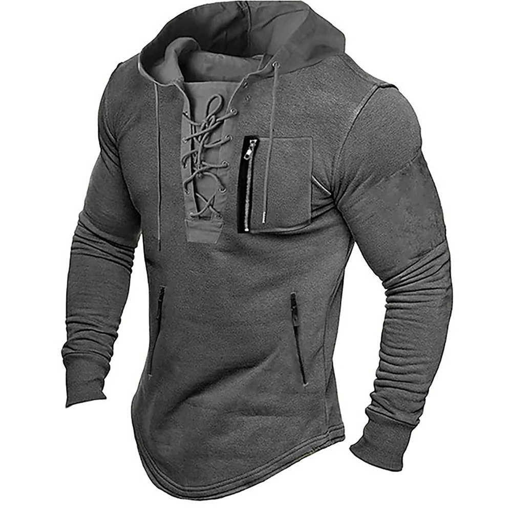 ZYXTIM Men's Lace Up Hooded Sweatshirts Vintage Distressed Military Tactical Shirts Long Sleeve Thermal Casual Sport Shirts(Grey,XX-Large)